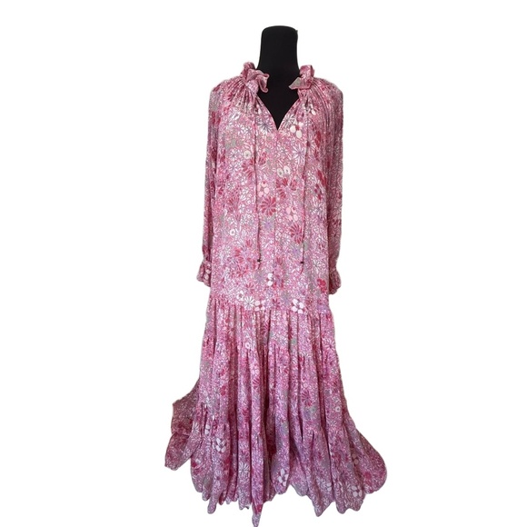 Free People Womens Small Pink Multi Floral Sheer Groovy Ruffle Maxi Feminine - Picture 1 of 13